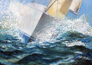 Bow, sailing boat in waves painted in oil on canvas . A trip along the North Sea coast inspired artist Marco Käller to create this painting. Waves on the bow of the boat for ten hours