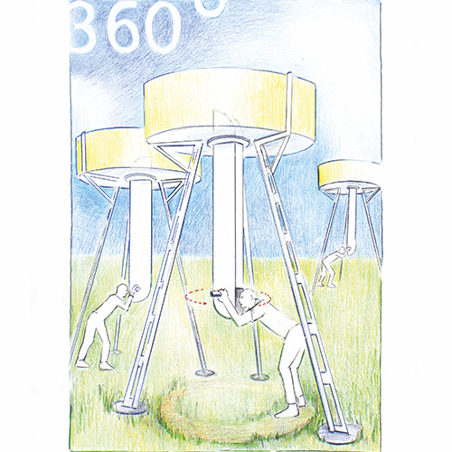 Tekening waarop drie mensen door kunstwerken kijken. Links boven staat 360graden