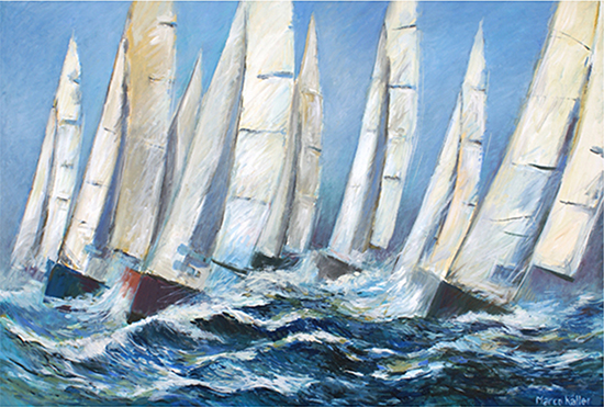 Olieverfschilderij van aan de wind varende zeilschepen in woeste golven.