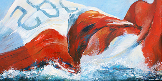 Olieverfschilderij van een wit-rood zeil dat spectaculair in het water valt.