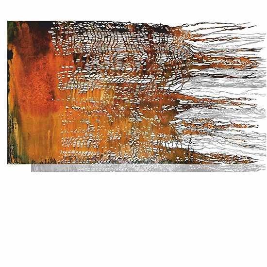 Cortenstalen beeld dat als een vlag wappert in de wind, met uitsparingen die lijken op een visnet.