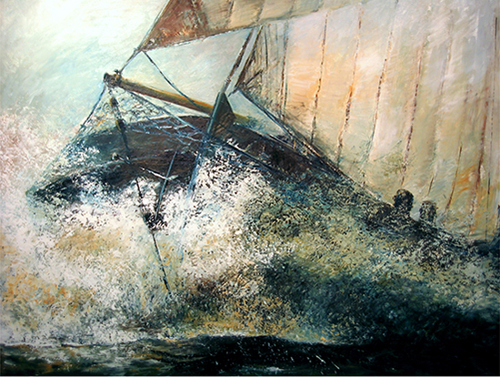 Olieverfschilderij van de boeg van een zwarte aak die de woeste golven trotseert.